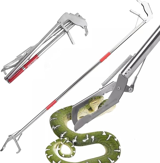 50" Snake Tongs Collapsible Grabber Tool, Professional Reptile Snake Catcher, 3 Foldable Sections Snake Hook,Stainless Steel Snake Pole Handling Tools - PAWPICO
