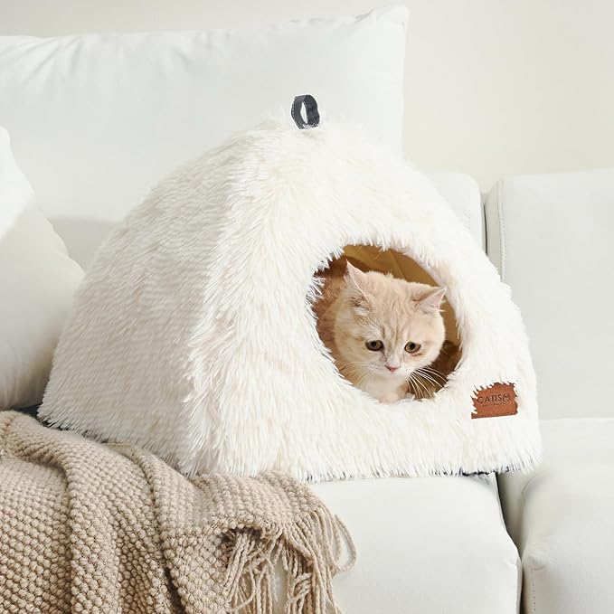 CATISM Cat Bed, Cat Cave for Indoor Cats, Soft Cat Dome, Self-Warming 2 in 1 Foldable Pet Cat House with Washable Cushioned Pillow Calming Fluffy Dog Beds for Small Dogs with Anti-Slip Bottom White - PAWPICO