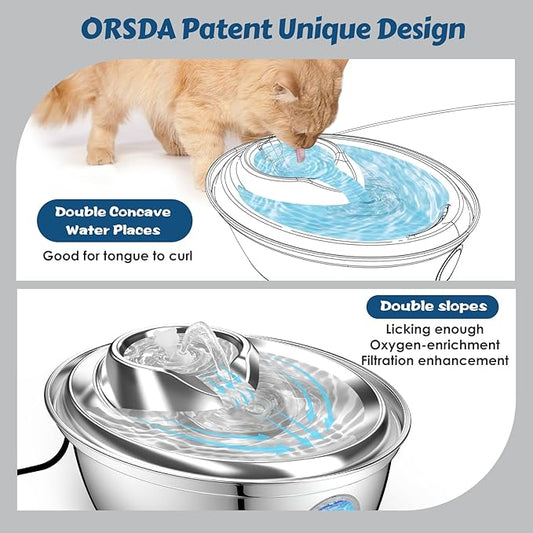ORSDA Cat Water Fountain, Stainless Steel Water Fountains for Cats Indoor, 118oz/3L Automatic Pet Fountain Water for Cats and Small Dog for Drinking - Water Level Window & Faucet 4 PCS Filters (D66-F) - PAWPICO