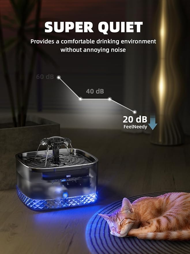 Cat Water Fountain: 75oz/2.2L Automatic Pet Water Dispenser for Cats, 304 Stainless Steel Water Tray, Cat Water Bowl Dispenser, Super Silent Pet Water Fountain for Cats Inside, Pump with LED Light - PAWPICO