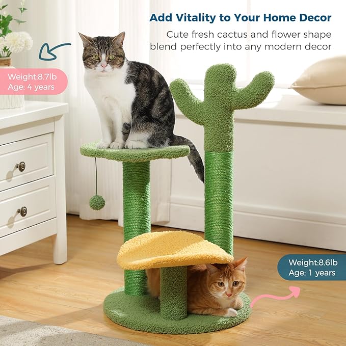 Made4Pets Cat Tree Cactus Cat Scratching Post 26” Cats Tree Tower for Indoor Cat Scratchers Kitty Tower with Flower Perch, Dangling Ball - PAWPICO