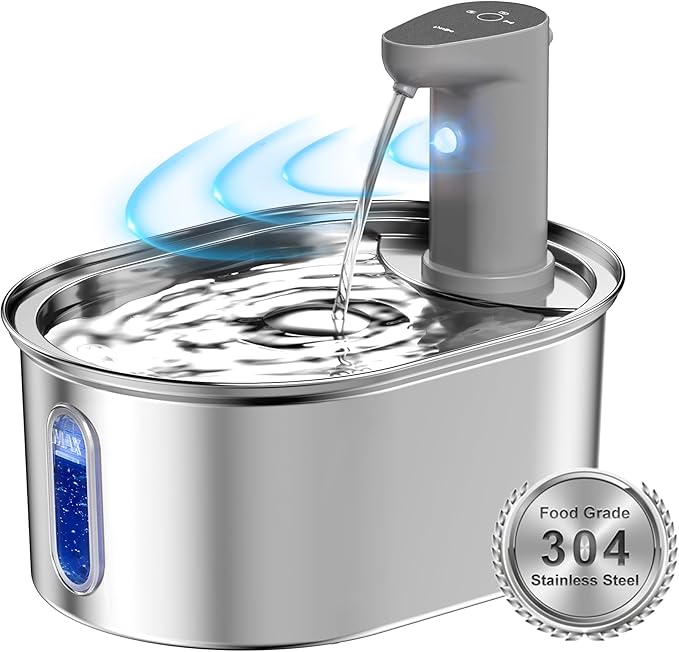Wireless Cat Water Fountain Stainless Steel, 108oz/3.5L Cat Fountain Battery Operated, Cordless Pet Water Fountain for Cats Dogs with Motion Sensor, Ultra Quiet Pump, Multi-Filtration - PAWPICO