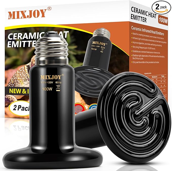 MIXJOY 100W Reptile Heat Lamp 2Pack Ceramic Heat Emitters Reptile Heat Lamp Bulbs, No Light Emitting Ceramic Heat Bulbs for Amphibian Terrarium Reptile Gecko Lizard Bearded Dragon Turtle Chicken Snake MIXJOY