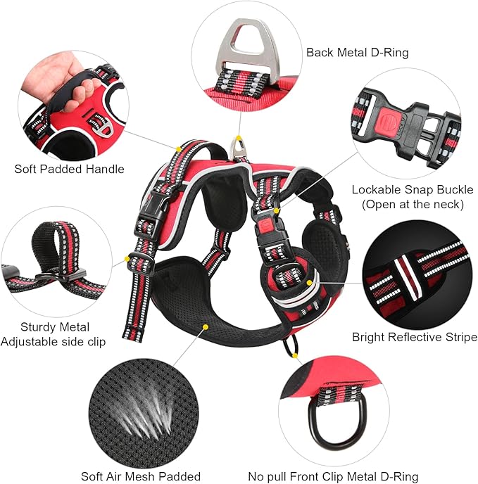 Timos Dog Harness Medium Sized, No Pull Dog Harness with Neck Lockable Snap,No Choke Front Clip Dog Reflective Harness,Adjustable Metal Rings 3 Buckles,Easy Control Handle for Medium Dogs Red M Timos