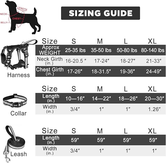 WINSEE Pet Harness Collar and Leash Set, All-in-one Reflective Dog Harness No Pull with Adjustable Buckles for Puppies, Small, Medium, Large, and Extra-Large Dogs (X-Large, Black) - PAWPICO