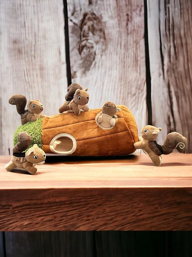 Squirrel in Tree Hide and Seek Dog Toy for Small and Medium Size Dogs, Plush Squirrel Inside Trunk Dog Toy with Squeaker, Interactive Burrow Dog Toy (Tree with Squirrels, Large) - PAWPICO