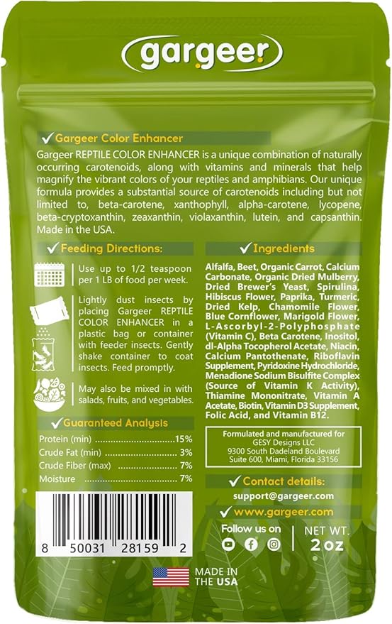 All Reptiles Color Enhancer. Magnify Vibrant Colors, and Boost Health with Much Needed Minerals and Vitamins. 2oz Pouch for Weekly Use. Enjoy! Gargeer