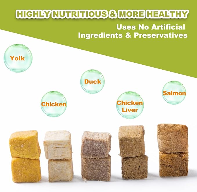 Freeze Dried Chicken Duck Salmon Cube - Cat Dog Dices Food Treats 5 in 1 Raw Egg Yolk High Protein Snacks Easy Digestion Pet Food No Fillers Preservatives or Additives for Training(5 OZ) - PAWPICO