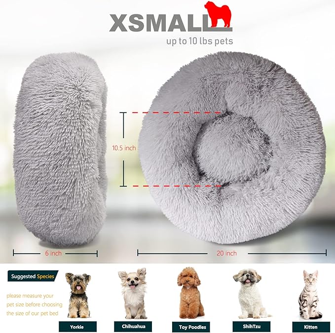 Extra Small Dog Bed Cute Grey Dog Bed Washable 19 inches Donut Fluffy Small Pet Beds,Calming Anti Anxiety Round Fits up to 10 lbs Soft Warm Pets Beds for Puppy Dogs Indoor - PAWPICO