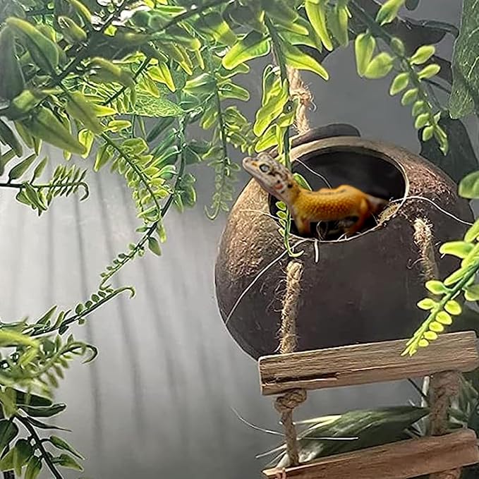 Grested Gecko Coconut Hut with Ladder,Leopard Gecko Coconut Hide Lizards Hanging Coco Den Cave Reptile Hammock Reptiles Tank Accessories Climbing Hanging Plants Jungle Vine Flexible Leaves Decor MUYG