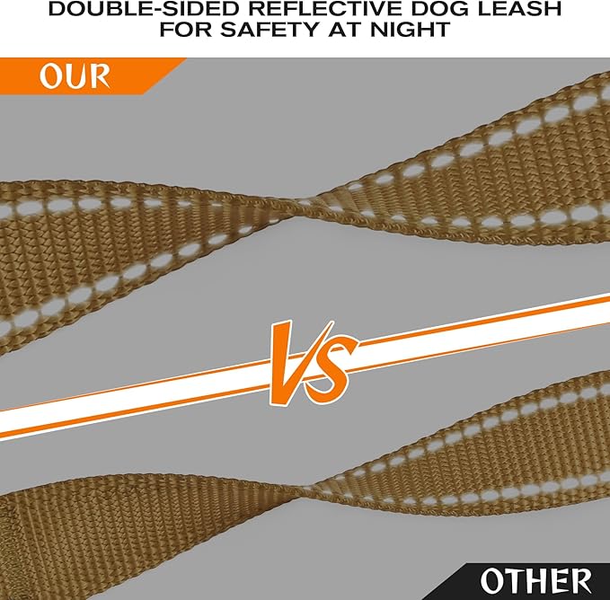 Joytale Dog Leash Heavy Duty for Large Dogs That Pull, Double Handle for Traffic Control, Double-Sided Reflective Leashes for Large Medium Dogs Night Safety, 5FT, Khaki Joytale