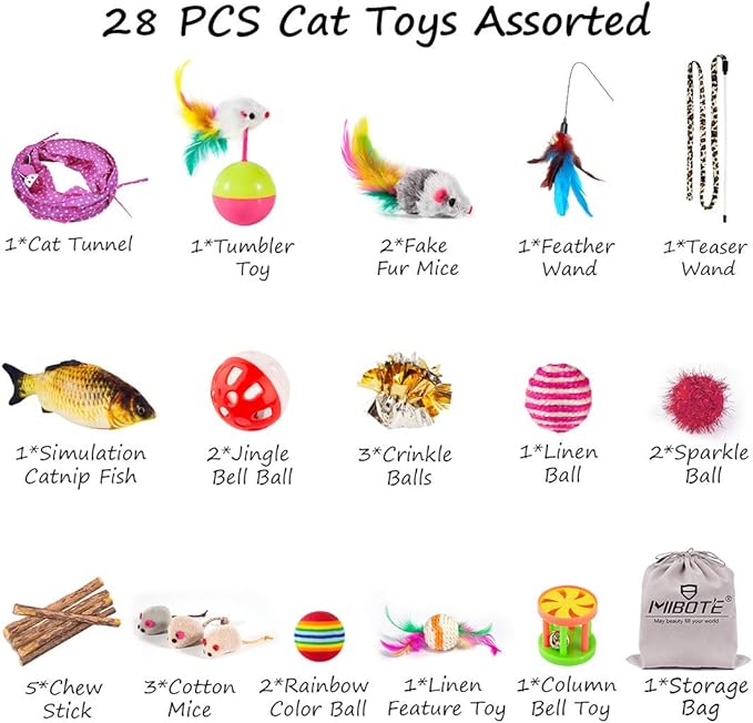 MIBOTE 28Pcs Cat Toys Kitten Toys Assorted, Cat Tunnel Catnip Fish Feather Teaser Wand Fish Fluffy Mouse Mice Balls and Bells Toys for Indoor Cat Puppy Kitty Interactive Cat Toy Set - PAWPICO