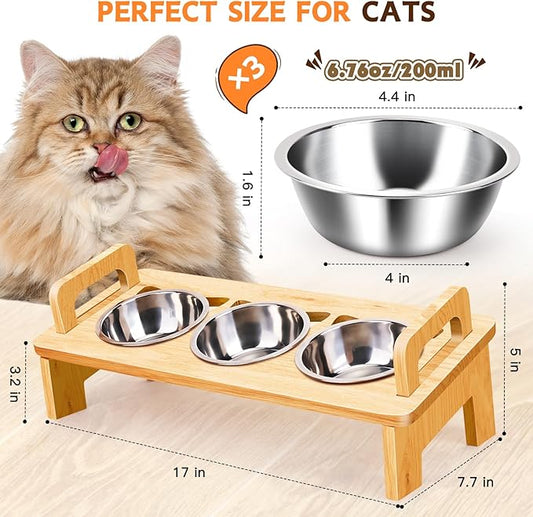 Elevated Cat Food Bowl, 3 Stainless Steel Raised Cat Bowls with Stand, 15°Tilted Cat Bowl for Indoor Cats, Cat Food and Water Bowl Set, Anti Vomitting, Whisker Fatigue and Dishwasher Safe - Natural - PAWPICO