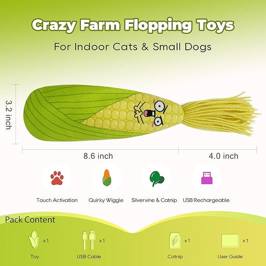 LEWISER Cat Toys Flopping Corn with SilverVine and Catnip, Rechargeable, Moving Cat Kicker Toy, Floppy Wiggle Toys for Small Dogs, Interactive Motion Kitten Kitty Exercise Toys - PAWPICO