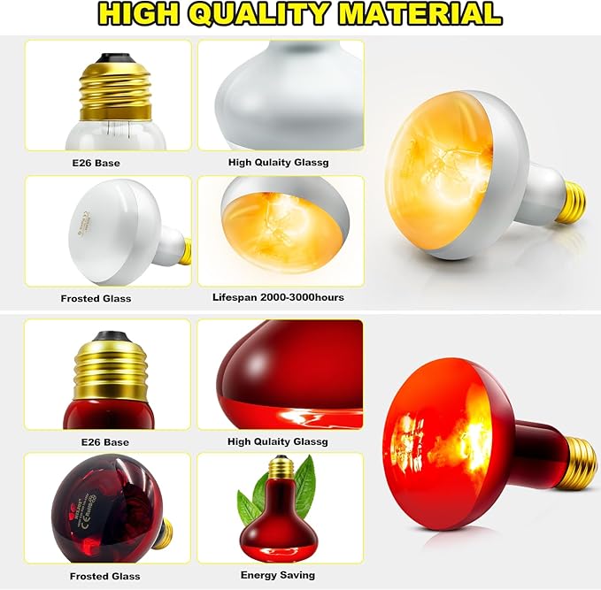 MIXJOY 100W Reptile Heat Lamp Bulb Combo, 2PCS Day & Night Reptile Heat Bulbs, UVA Daylight Intense Heat Basking Bulb Infrared Heat Light Bulb for Reptiles, Lizard, Tortoise, Bearded Dragon Chickens MIXJOY