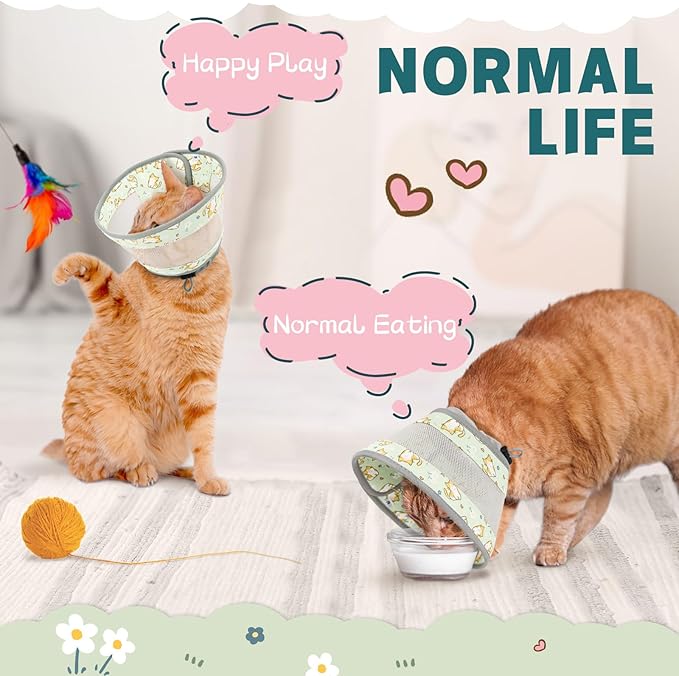 Cat Cone, Breathable Cat Cone Collar Soft, Adjustable Cat Cone to Stop Licking, Water Resistant Neck Cone for Cats with Air Mesh, Protective Cat Recovery E Collar for Cat Kitten(Green Cat,S GoGoPaw