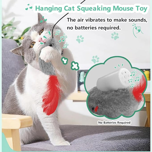 FYNIGO Self Play Cat Toys,2 Pack Door Hanging Cat Mouse Toy with Squeaky Sound,No Batteries Required,Interactive Cat Enrichment Toys for Bored Indoor Adult Cats,Cat Boredom Toys Mice with Feather Tail - PAWPICO