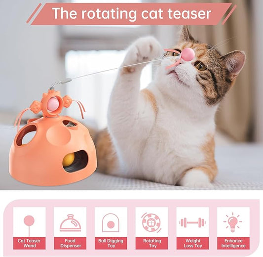 Interactive cat Toys for Indoor Cats, 4 in 1 cat self Moving Toy,Kitten Wand Toy, Spinning Toy, Slow Food Dispenser Feeder Treat Dispensing Feeding pet Supplies Gift (Yellow) - PAWPICO