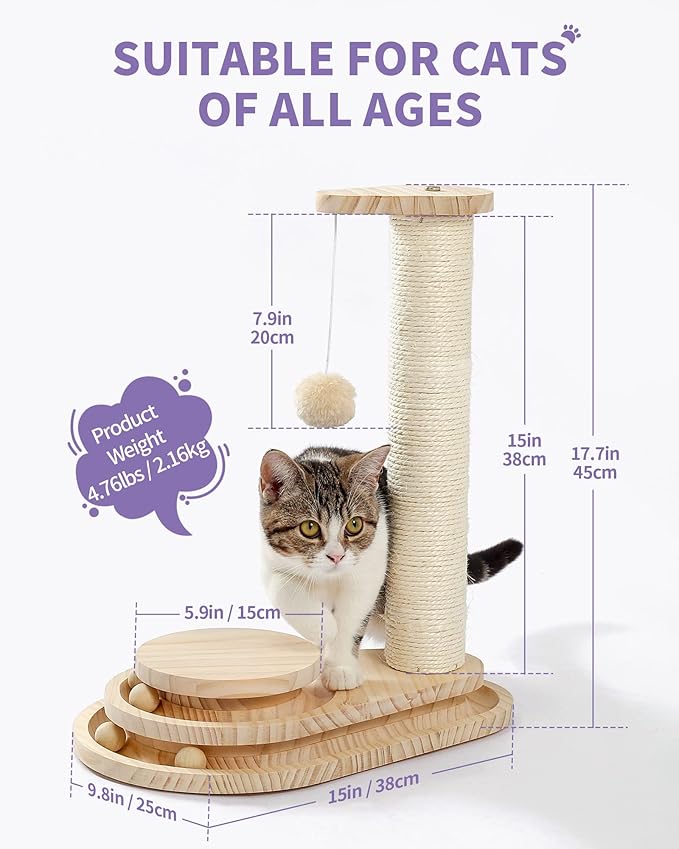 Made4Pets Cat Scratching Post Cat Scratcher Kitten Toys for Indoor Cats Wooden Ball Track Two-Layer Modern Sisal 17.7" Tall Scratch Post Interactive Toy with Dangling Ball - PAWPICO