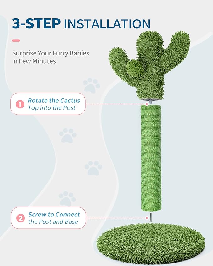 Made4Pets Cat Scratching Post, 25.6" Cactus Cat Scratcher Kitten Scratch Post with Sisal Rope for Indoor Cats Claw Scratcher, Vertical Green Cat Tree with Dangling Ball for Kitties Medium - PAWPICO