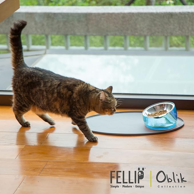 Felli Pet Oblik Whisker Fatigue Cat Food Bowl Raised Stainless Steel Shallow Dish Pet Friendly Modern Design, Anti Vomiting Elevated Wide Plate Feeder No Slip Weighted Acrylic Base (0.5Cup, Sapphire) - PAWPICO
