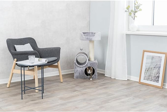 TRIXIE Tolar Cat Scratching Post 31.5 Inch - with Durable Sisal Rope and Tunnel, Condo, Platform with Removable Cushion & Dangling Cat Toy - in Gray - PAWPICO