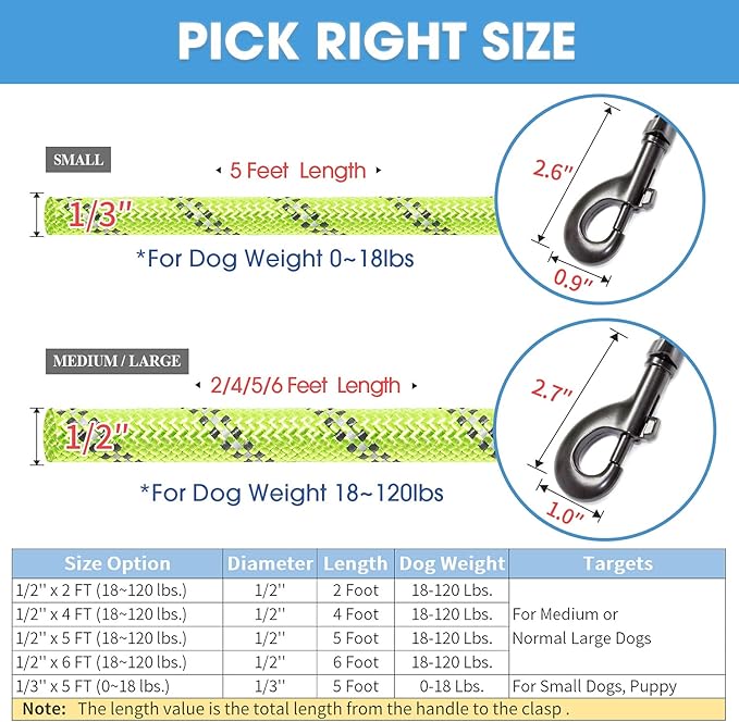 BAAPET 2/4/5/6 FT Dog Leash with Comfortable Padded Handle and Highly Reflective Threads for Small Medium and Large Dogs (6FT-1/2'', Green) BAAPET