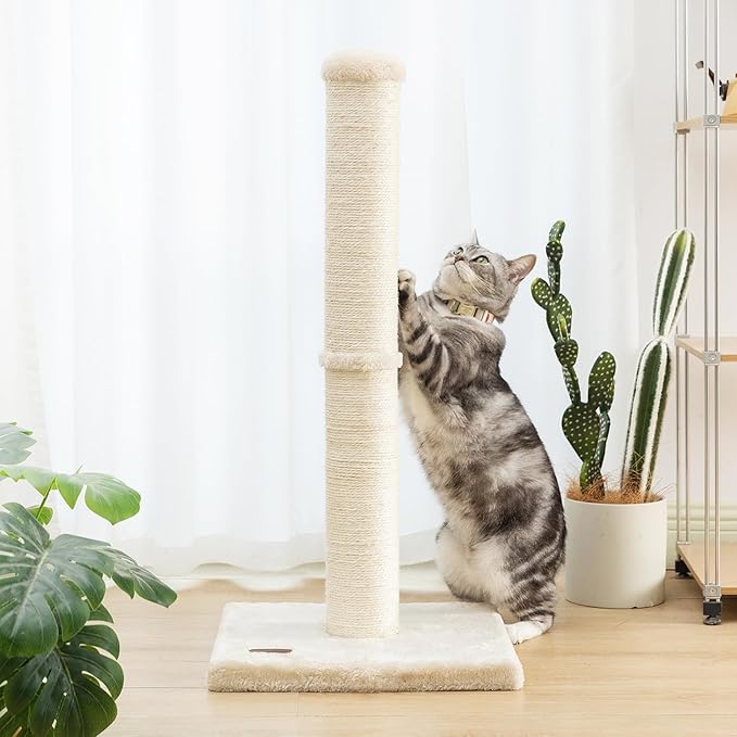 34inch Cat Scratching Post with Natural Sisal Rope 4.3Inch Large Diameter Scratcher Post Tree for Indoor Cats Beige - PAWPICO