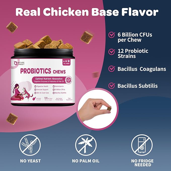 Probiotics for Dogs - Dog Probiotics and Digestive Enzymes for Digestive Health - Plus Fish Oil & Vitamins Supplement for Allergies & Immune & Itchy Skin, 120 Chicken Flavor Probiotic Soft Chews NATURETARGET