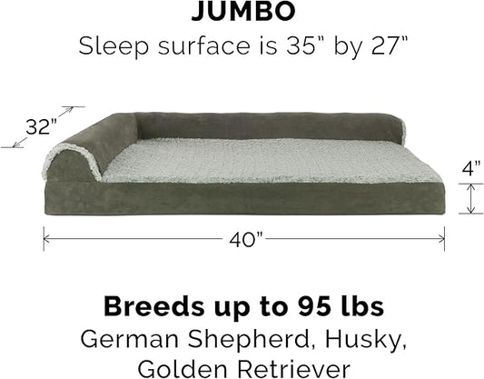 Furhaven Orthopedic Dog Bed for Large Dogs w/ Removable Bolsters & Washable Cover, For Dogs Up to 95 lbs - Two-Tone Plush Faux Fur & Suede L Shaped Chaise - Dark Sage, Jumbo/XL - PAWPICO