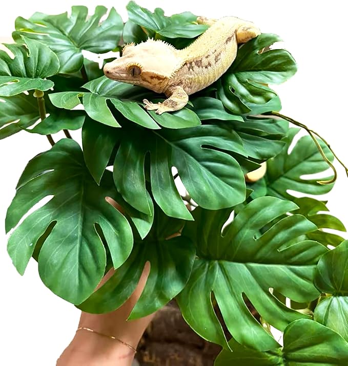 Woyrise Reptile Plants for Terrarium, Artificial Hanging Plants with Suction Cups, Amphibian Tank Habitat Decor Plastic Plant for Bearded Dragons Lizards Snake Geckos Frogs - 2Pack Fake Monstera Woyrise