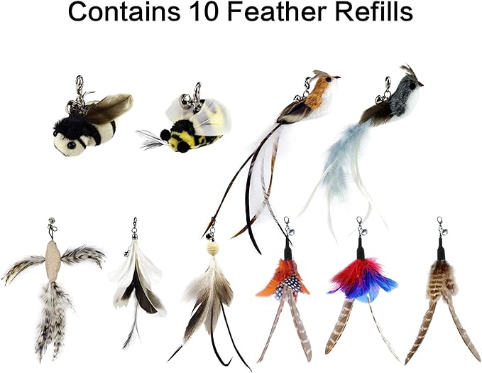 Interactive Bird and Insect Simulation Cat Toy Set with 10Pcs Feather Refills and 2Pcs Cat Wand Toy,29'' Flexible Steel Wire, Sturdy Wood Handle & Bell,Cat Wand Toys for Indoor Cat and Kitten. - PAWPICO
