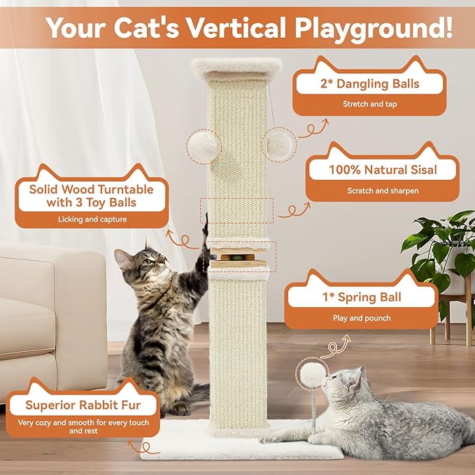 OTOB Cat Scratching Post 33 Inch, Nature Sisal Scratching Posts for Indoor Cats Adults Kitten, 6-in-1 Interactive Turntable Cat Scratch Post Protect Your Furniture, Large Cat Scratcher, Beige - PAWPICO