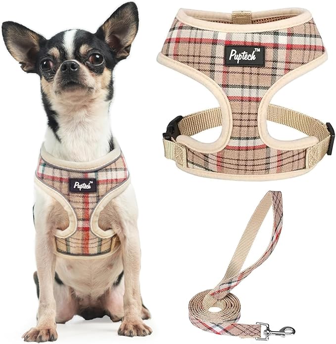 PUPTECK Soft Mesh Dog Harness and Leash Set Pet Puppy Cat Comfort Padded Vest No Pull Harnesses, Khaki, XS PUPTECK