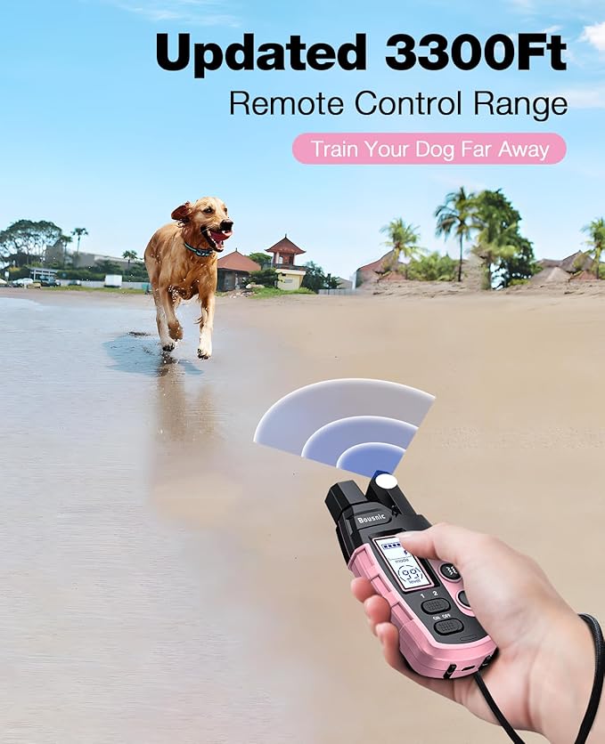 Bousnic Dog Shock Collar - 3300Ft Dog Training Collar with Remote for 5-120lbs Small Medium Large Dogs Rechargeable Waterproof e Collar with Beep (1-8), Vibration(1-16), Safe Shock(1-99) (LightPink) BOUSNIC