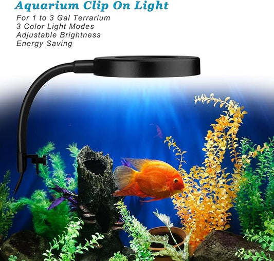 DOMICA Clip On Aquarium Light for 1 to 3 Gal Fish Tank (Dimmable White+Blue+Red LED) USB Moving Lamp for Open Terrarium (Adapter NOT Included) DOMICA