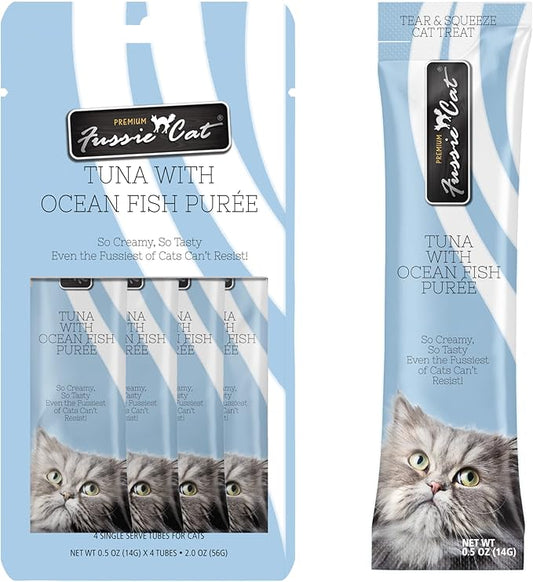 Fussie Cat Tuna with Ocean Fish Puree, lickable cat Treats, 0.5oz Pouch Pack of 4 - PAWPICO