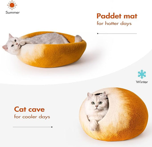 Cat Cave Bed -Handmade Wool Cat Bed Cave, Cat Bed Cat House, Felt Cat Caves for Indoor Cats and Kittens(Yellow/White) - PAWPICO