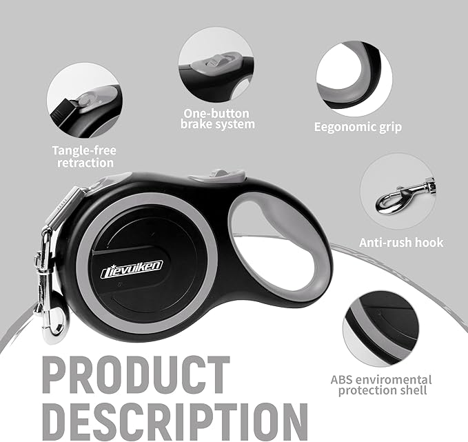 10 FT Retractable Dog Leash with No Tangle for Dog up to 33lbs, One-Handed Brake, with Non-Slip Handle, Strong Nylon Tape for Small and Medium Dogs LIEVUIKEN