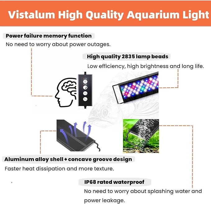 26w led Aquarium Light,Sunrise/Daylight/Moonlight, DIY Mode, Adjustable Timer/Color Temperature/Brightness, Full Spectrum, Aluminum Fish Tank Light for 30-36 inch. VISTALUM