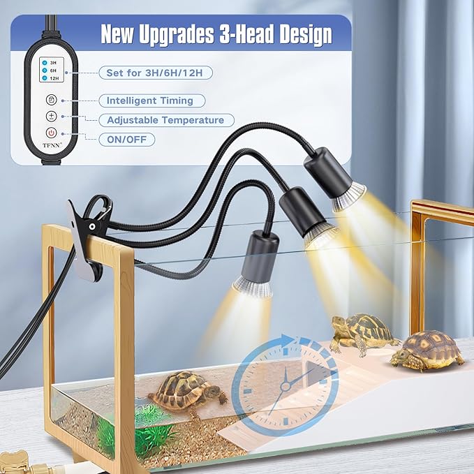 Reptile Heat Lamp, Three Head Reptile Light with Cycle Timer,UVA UVB Light, dimmable Basking lamp for Tortoise, Bearded Dragon, Lizard, Snake, E26/27 Base with 4 Bulbs (50W)-Black TFNN