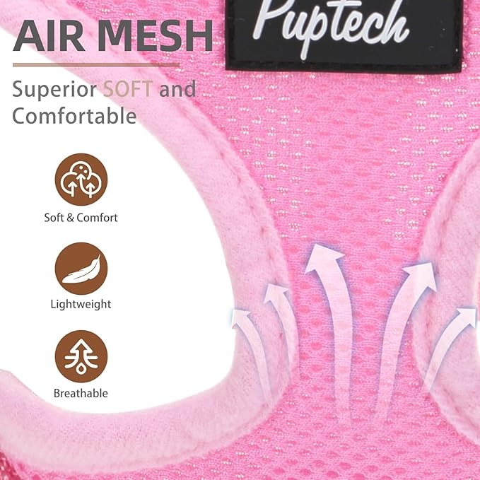 PUPTECK Soft Mesh Dog Harness and Leash Set Pet Puppy Cat Comfort Padded Vest No Pull Harnesses, Solid Pink, L PUPTECK