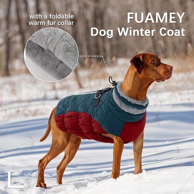 FUAMEY Dog Winter Jacket,Dog Cold Weather Coats Paded Dog Vest with Harness Built in Pet Warm Clothes Dog Apparel with Back Zipper Dog Water Resistant Coat for Small Medium Large Dogs Dark Blue L - PAWPICO