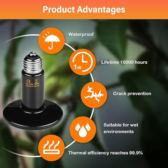 HealSmart Reptile Heat Lamp 100W 2-Pack Ceramic Heat Emitter, No Light Emitting Heat Bulbs for Amphibian Pet Brooder Coop Incubating Chicken, Lizard Bearded Dragon Turtle Snake Terrarium, Black HealSmart