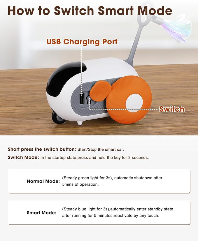 Cat Toys for Indoor Cats, Smart Interactive Cat Toy with Two-Speed Adjustment, Remote Control USB Rechargeable Automatic Cat Exercise Toys for Bored Indoor Adult Cats Kittens (Orange) - PAWPICO