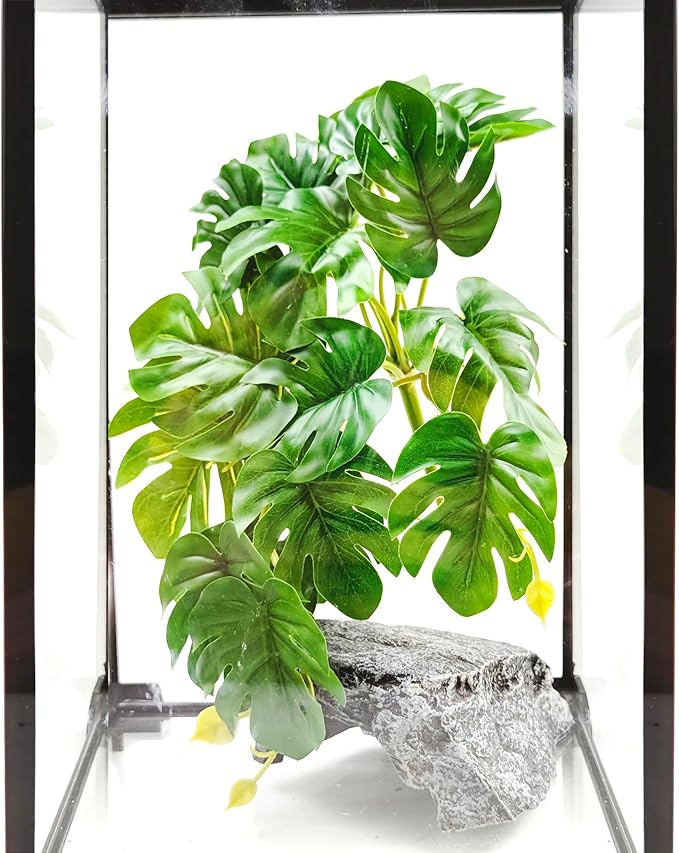 Woyrise Reptile Plants for Terrarium, Artificial Hanging Plants with Suction Cups, Amphibian Tank Habitat Decor Plastic Plant for Bearded Dragons Lizards Snake Geckos Frogs - 2Pack Fake Monstera Woyrise