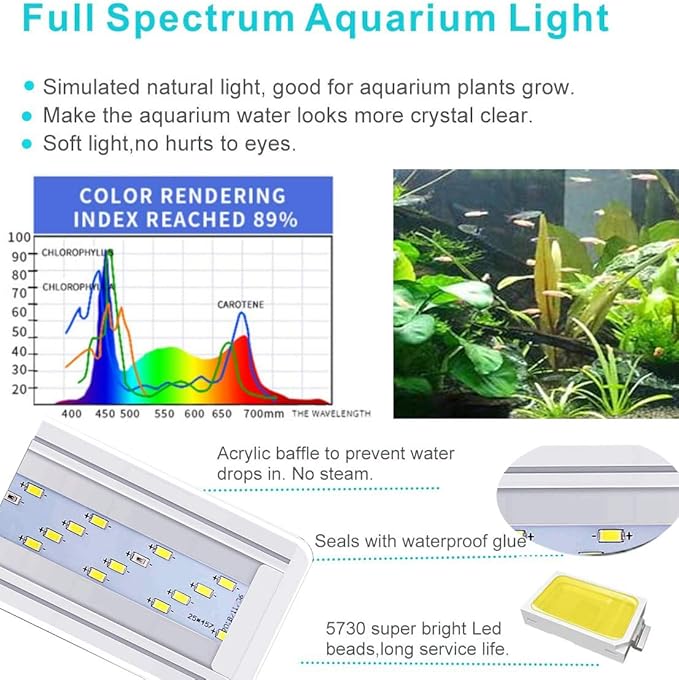 Bright Classic LED Aquarium Light, Reef Plant Fish Tank Light with Extendable Brackets, Aquatic Plant Growth Lamp White and Blue LEDs JackSuperAquariumPetsFocus