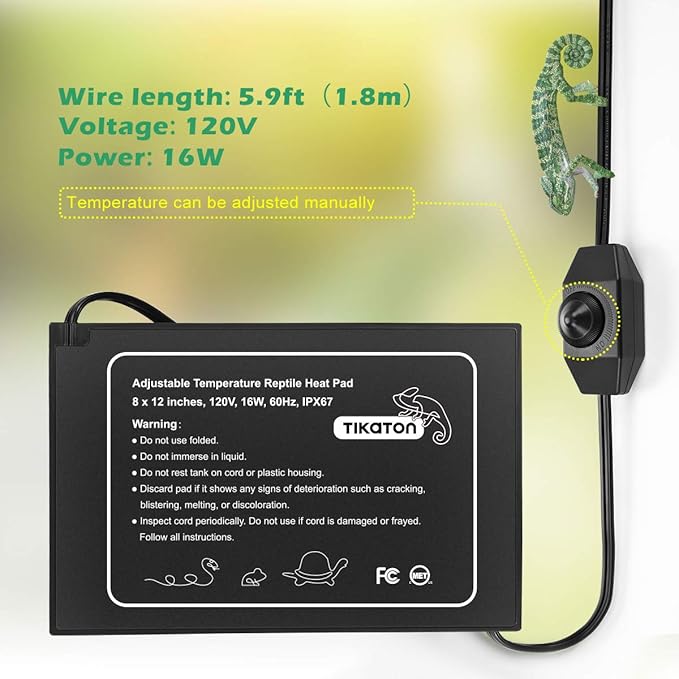 Tikaton Reptile Heat Pad - Adjustable Temperature Under Tank Heater for 10-20gal/30-40gal Tank, Terrarium Heat Mat for Turtle/Snake/Lizard/Frog/Spider/Plant Box Tikaton