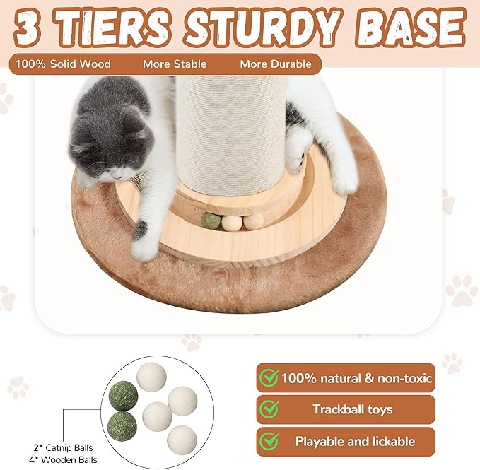 OTOB 32" Tall Cat Scratching Post, 4.3Inch Large Diameter Natural Sisal Rope Scratcher Post for Indoor Large Cats Kittens, 5-in-1 Interactive Turntable Cat Scratch Post (Brown, B-33Inch) - PAWPICO