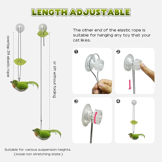 LEWISER Cat Toys Chirp Chickadee, Interactive Cat Feather Toys, Retractable Cat Teaser Toy, Hanging Toys for Indoor Cats Exercise, Kitten Kitty Fun Mental Physical Toys, Green (1 Pack) - PAWPICO